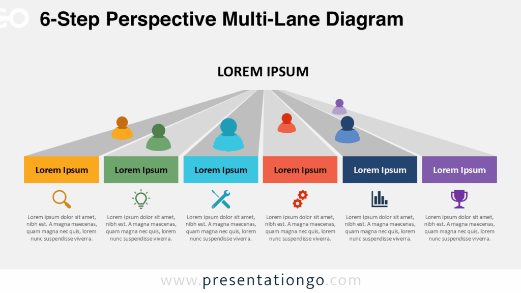 Six-step multi-lane process slide for PowerPoint and Google Slides featuring perspective lanes, icons, editable shapes, and figures ideal for parallel workflow presentations.