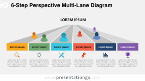 Six-step multi-lane process slide for PowerPoint and Google Slides featuring perspective lanes, icons, editable shapes, and figures ideal for parallel workflow presentations.