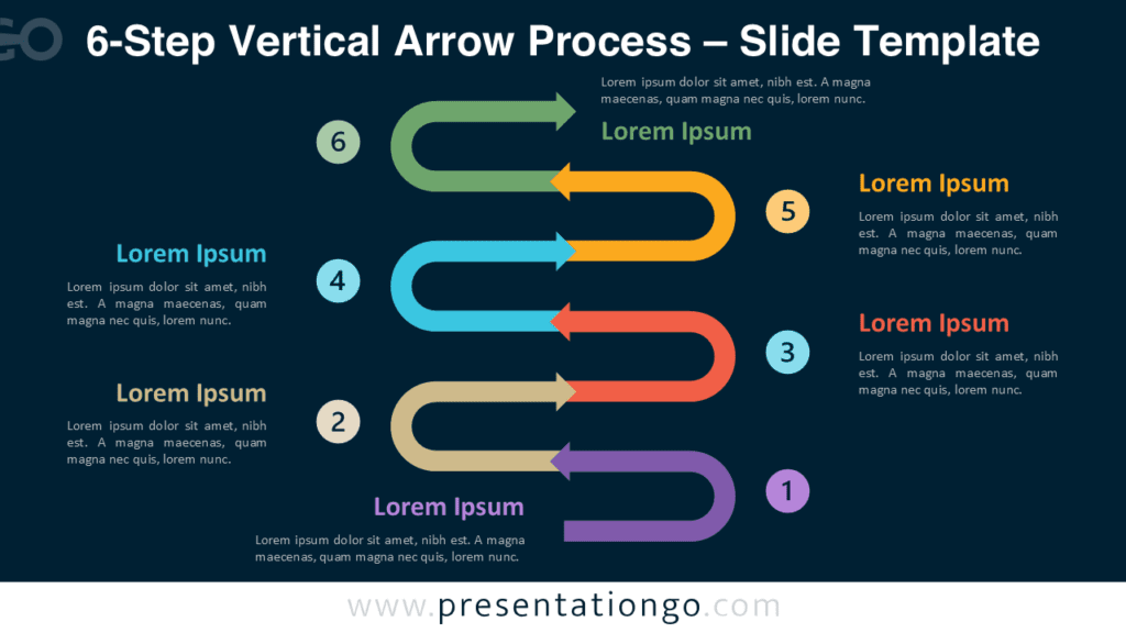6-Step Vertical Arrow Process Diagram for PowerPoint Dark Background Six-step vertical arrow process diagram for PowerPoint and Google Slides optimized for dark presentation layouts.
