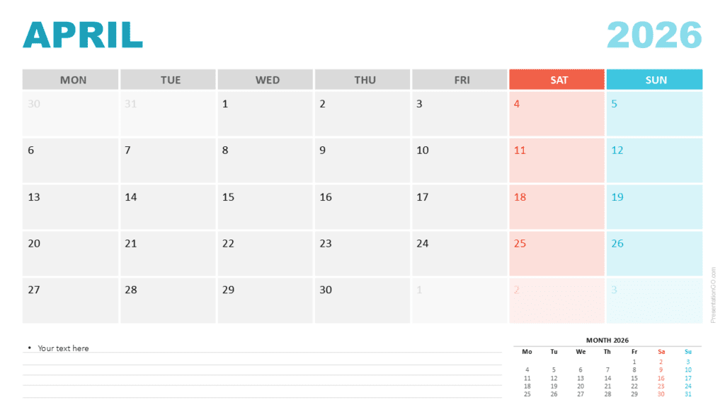 April 2026 Calendar Monday Start for PowerPoint April 2026 calendar with a Monday week start for PowerPoint and Google Slides showing a clean layout and weekend color cues.
