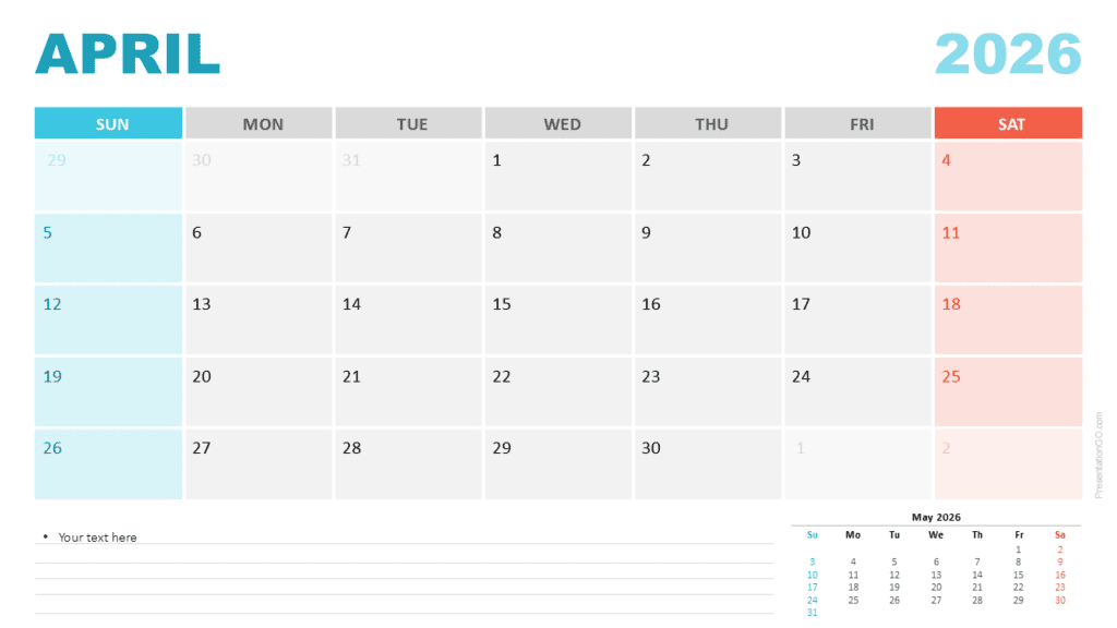 April 2026 Calendar Sunday Start for PowerPoint April 2026 calendar starting on Sunday for PowerPoint and Google Slides featuring a clear layout, colored weekends, and lined notes.