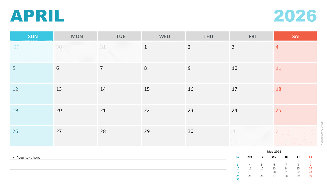 April 2026 calendar starting on Sunday for PowerPoint and Google Slides featuring a clear layout, colored weekends, and lined notes.