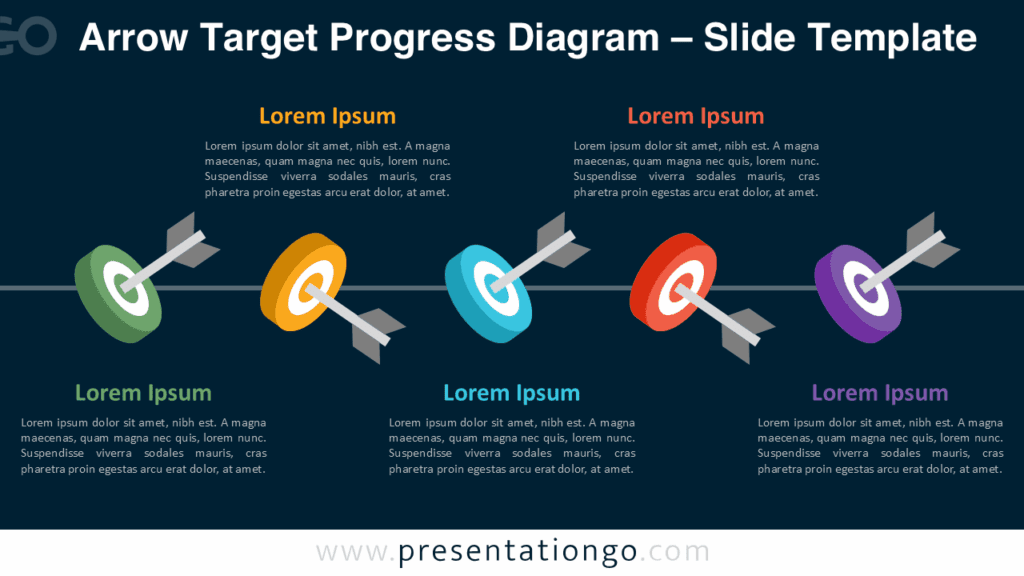 Arrow Target Progress Diagram PowerPoint Dark Background Arrow Target Progress Diagram for PowerPoint and Google Slides shown on a dark background with five colorful targets aligned along a clean horizontal progress line.