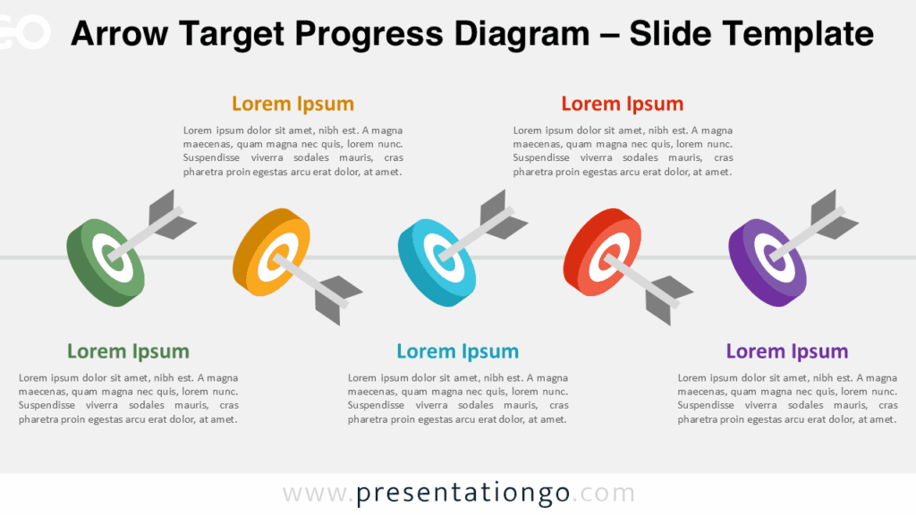 Complete Arrow Target Progress Diagram in PowerPoint and Google Slides with five multicolored targets aligned along a horizontal path for goal-focused presentations.