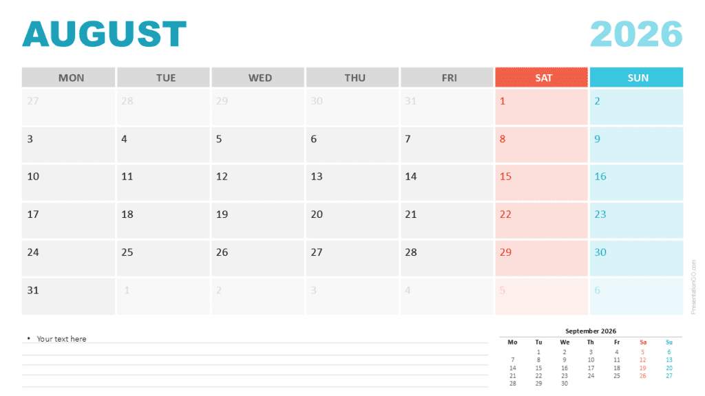 August 2026 Calendar Monday Start for PowerPoint August 2026 calendar using a Monday week start for PowerPoint and Google Slides and showing a structured monthly layout.