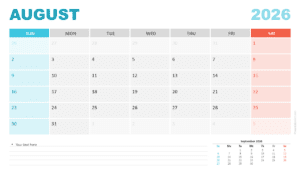 August 2026 calendar with a Sunday week start for PowerPoint and Google Slides featuring a clean grid and weekend color markings.