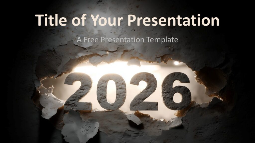 Breaking Through 2026 PowerPoint Cover Slide Cover slide from the Breaking Through 2026 template for PowerPoint and Google Slides featuring a bold cracked wall design and glowing year focus.