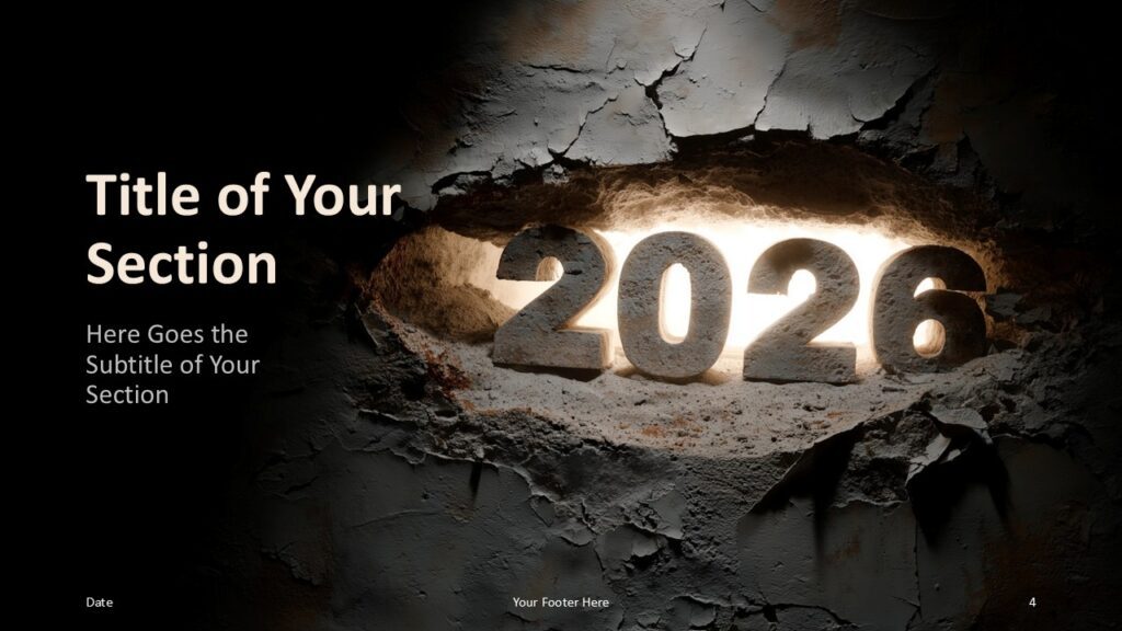 Breaking Through 2026 PowerPoint Section Divider Slide Section divider slide from the Breaking Through 2026 template for PowerPoint and Google Slides ideal for separating key presentation chapters.
