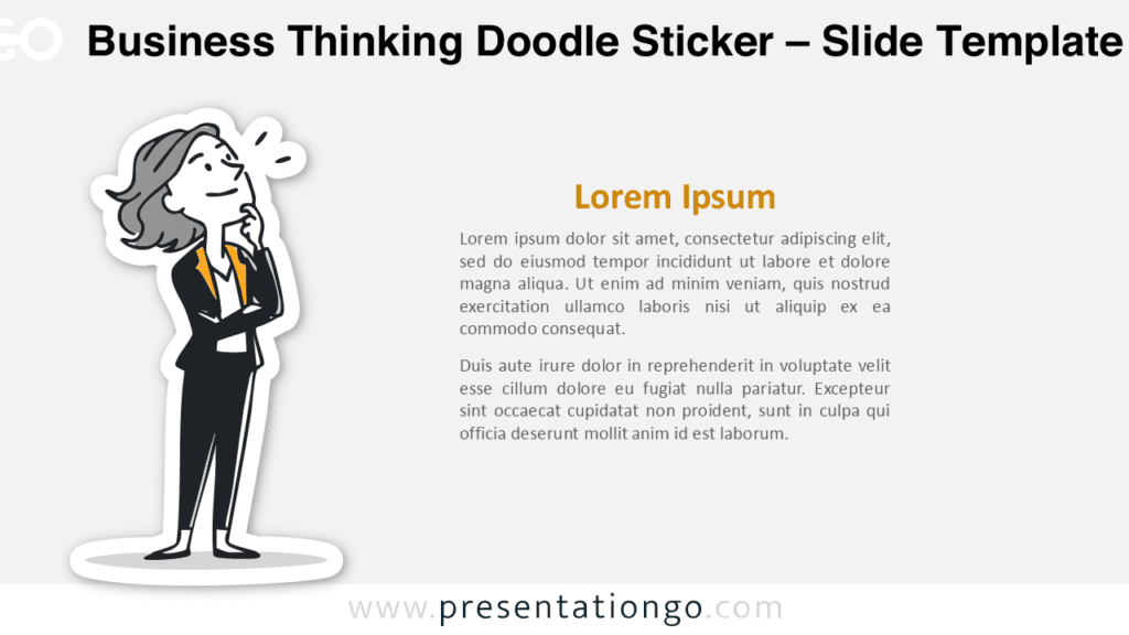 Thoughtful business woman doodle sticker for PowerPoint and Google Slides presentations, perfect for strategy, analysis, and idea-focused slides.