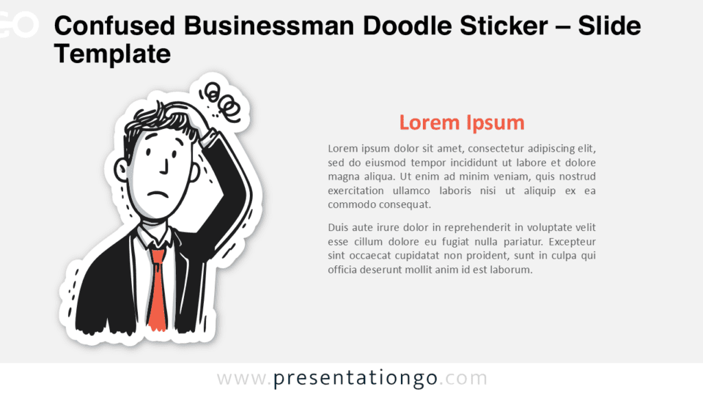Hand-drawn confused businessman doodle sticker for PowerPoint and Google Slides, ideal for illustrating questions, challenges, and decision points.