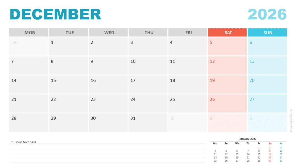 December 2026 Calendar Monday Start for PowerPoint December 2026 calendar starting on Monday for PowerPoint and Google Slides with a clean grid and highlighted weekends.