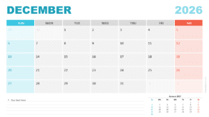 December 2026 calendar starting on Sunday for PowerPoint and Google Slides featuring weekend color accents and a clear grid.