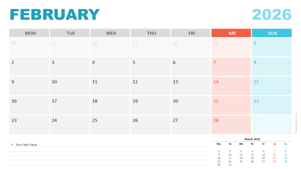 February 2026 Calendar Monday Start for PowerPoint February 2026 calendar with a Monday week start for PowerPoint and Google Slides showing a structured grid layout with weekend highlights and notes area.
