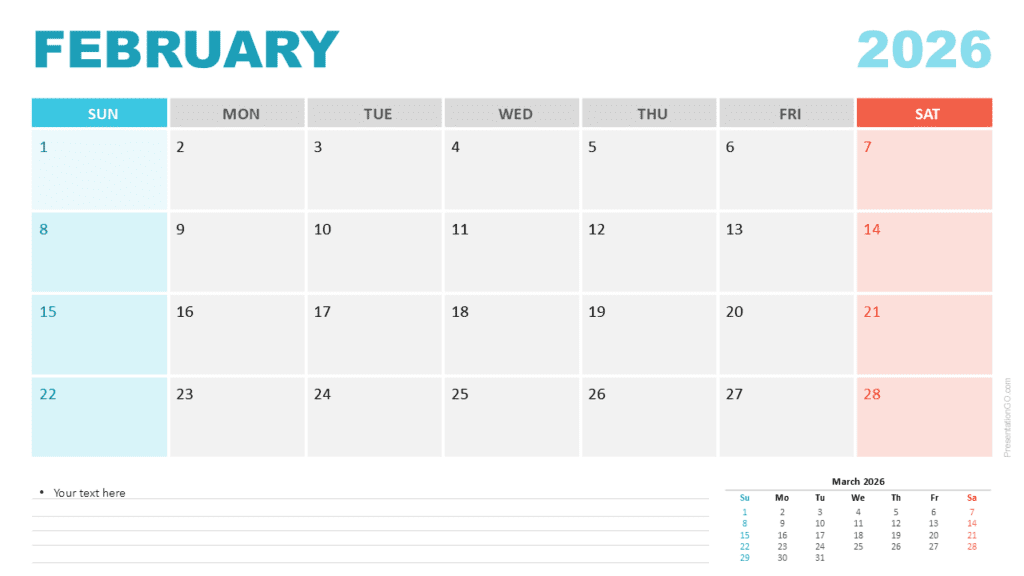 February 2026 Calendar Sunday Start for PowerPoint February 2026 calendar with a Sunday week start for PowerPoint and Google Slides featuring a clear monthly grid, highlighted weekends, and space for notes.