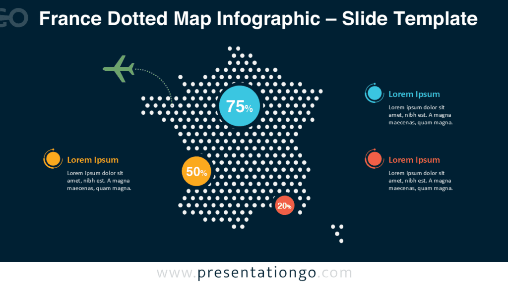 France Dotted Map Infographic for PowerPoint – Dark Background France dotted map infographic for PowerPoint and Google Slides optimized for dark slides with high contrast dots and data markers.
