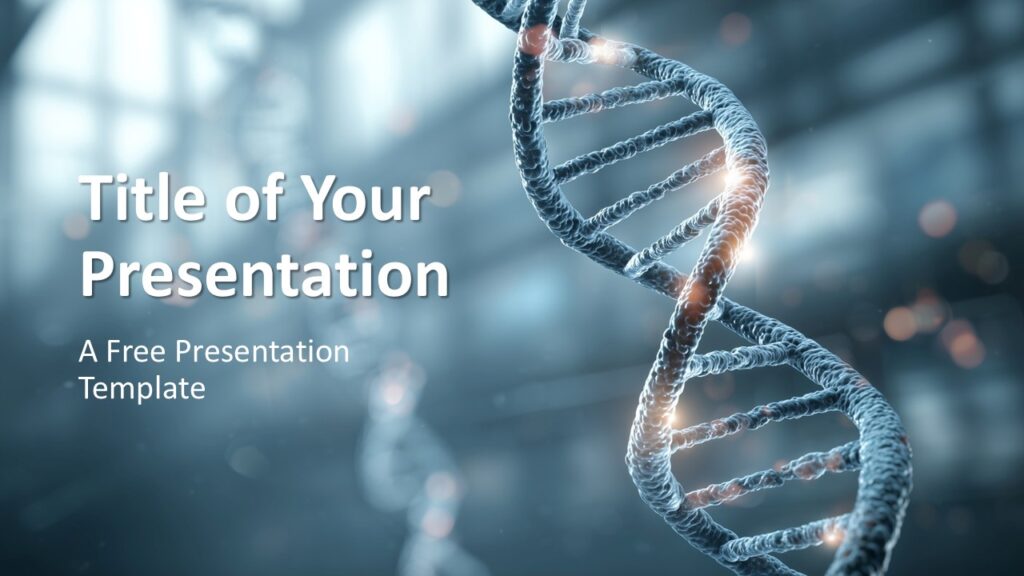 Genetic Blueprint Cover Slide for PowerPoint Cover slide from the Genetic Blueprint Template for PowerPoint and Google Slides featuring a detailed DNA helix background for scientific presentations.