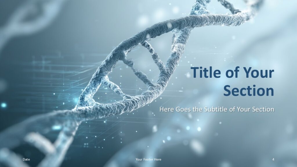 Genetic Blueprint Section Divider PowerPoint Section divider slide from the Genetic Blueprint Template for PowerPoint and Google Slides displaying a bold DNA structure for thematic transitions.