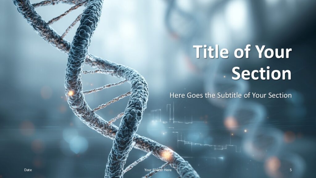 Genetic Blueprint Divider Slide for PowerPoint Second section divider from the Genetic Blueprint Template for PowerPoint and Google Slides featuring glowing molecular visuals for scientific topics.