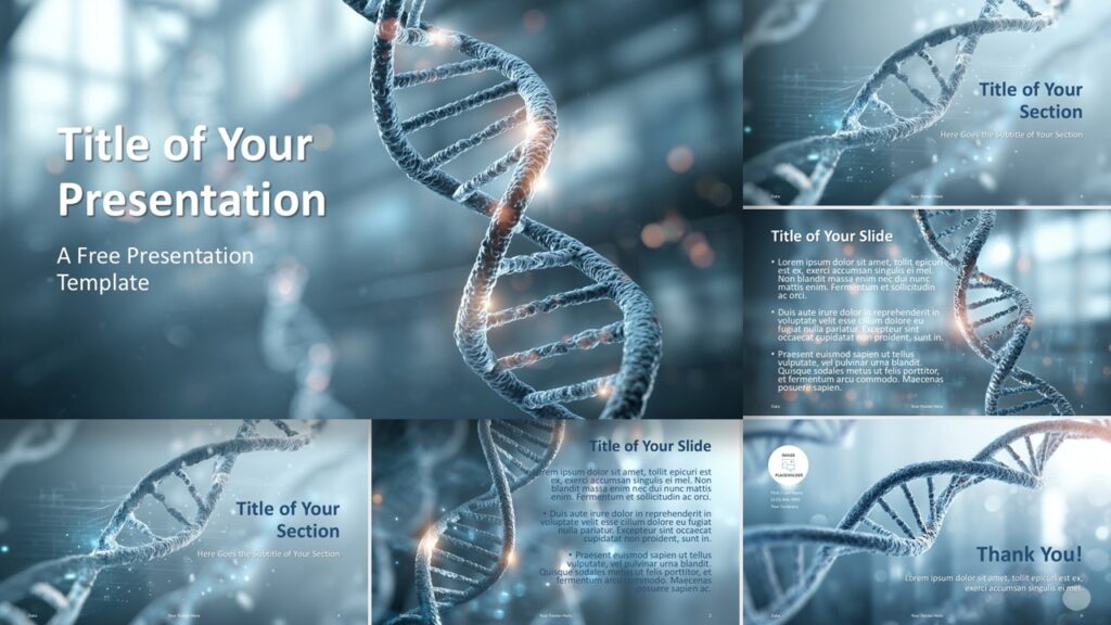 Template preview of the Genetic Blueprint design for PowerPoint and Google Slides featuring clean scientific DNA visuals across professional presentation layouts.