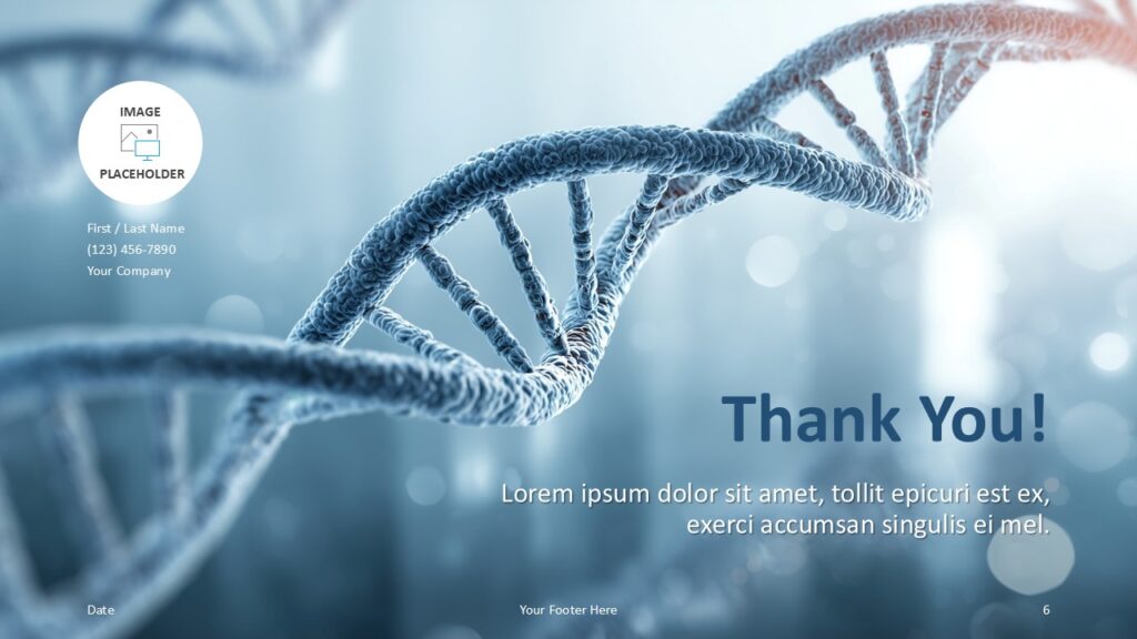 Genetic Blueprint Thank You Slide PowerPoint Thank You slide from the Genetic Blueprint Template for PowerPoint and Google Slides with DNA imagery designed for medical and scientific presentations.