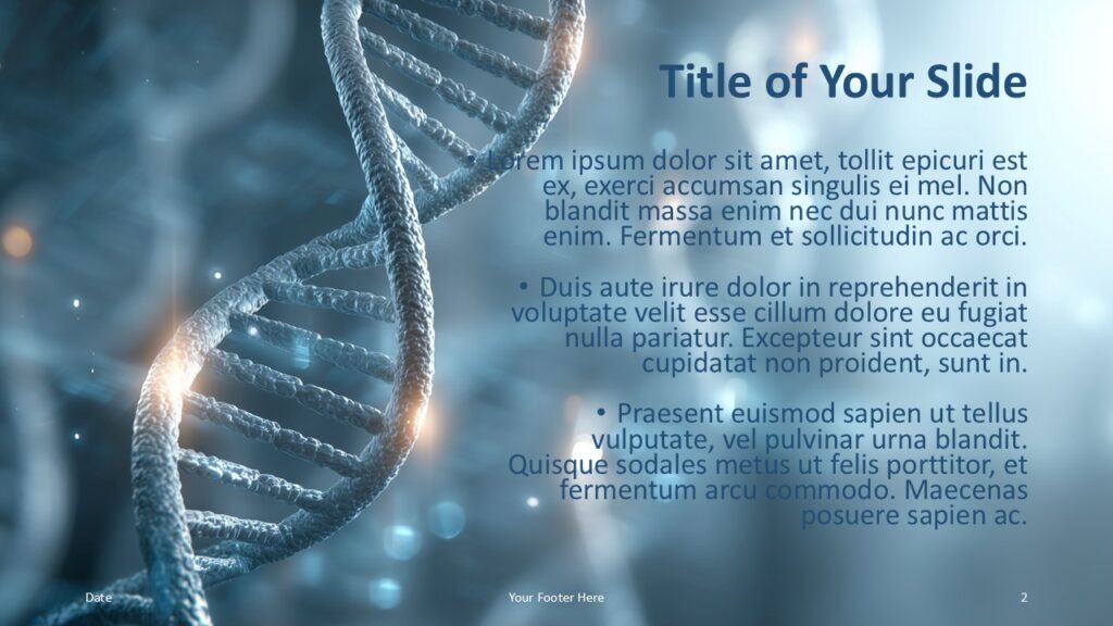 Genetic Blueprint Title Layout PowerPoint Title and content layout from the Genetic Blueprint Template for PowerPoint and Google Slides featuring a clean DNA image and readable scientific formatting.