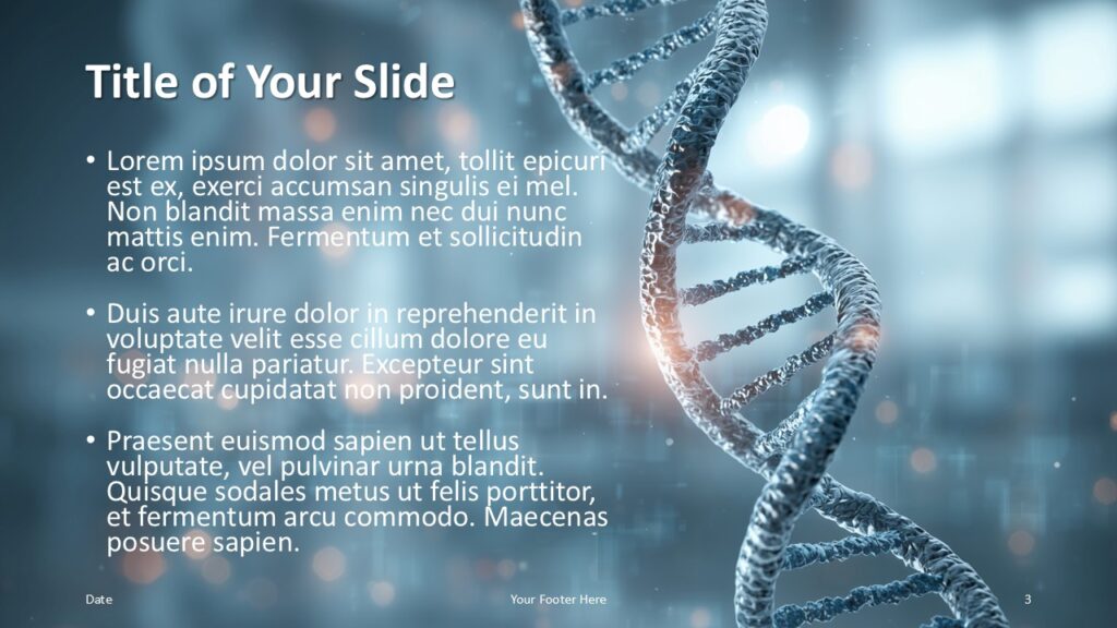 Genetic Blueprint Alternate Title Slide PowerPoint Alternate title and content slide from the Genetic Blueprint Template for PowerPoint and Google Slides using a strong DNA visual for research communication.