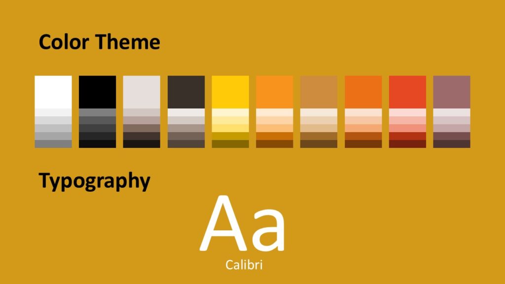 Golden Presence PowerPoint Colors and Fonts Slide Color palette and typography slide from the Golden Presence PowerPoint and Google Slides template showing warm tones and clean fonts.