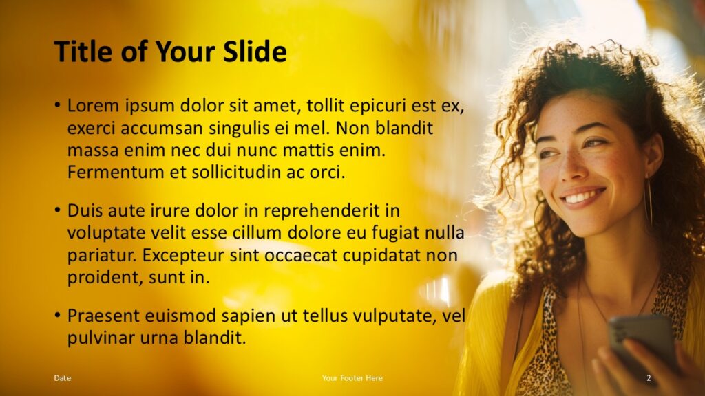 Golden Presence PowerPoint Title and Content Slide Title and content slide layout from the Golden Presence PowerPoint and Google Slides template with balanced text and lifestyle imagery.