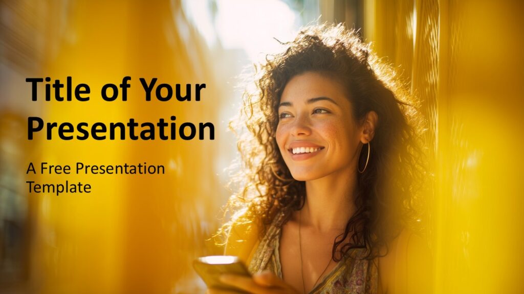 Golden Presence PowerPoint Cover Slide Golden Presence cover slide for PowerPoint and Google Slides featuring a confident woman and warm yellow editorial presentation design.
