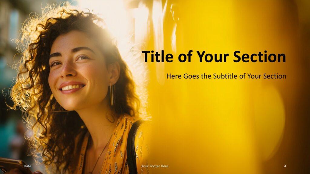 Golden Presence PowerPoint Section Divider Slide Section divider slide from the Golden Presence PowerPoint and Google Slides template using bold typography and a confident female portrait.