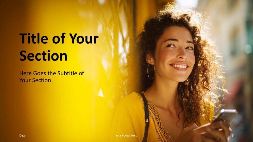 Golden Presence PowerPoint Section Title Slide Alternative section divider slide from the Golden Presence PowerPoint and Google Slides template with warm tones and human focus.