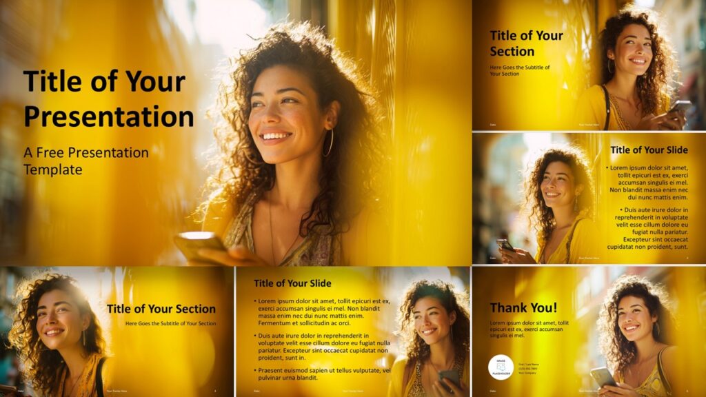 Overview of the Golden Presence PowerPoint and Google Slides template highlighting human-centered layouts and warm lifestyle design.
