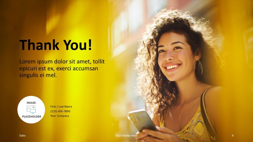 Golden Presence PowerPoint Thank You Slide Thank you slide from the Golden Presence PowerPoint and Google Slides template designed for friendly closing and professional contact details.