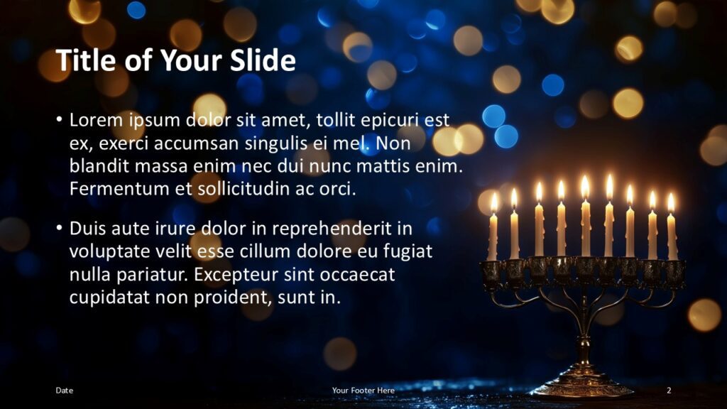 Hanukkah Candlelight Title and Content PowerPoint Title and content slide from the Hanukkah Candlelight template for PowerPoint and Google Slides with text-focused layout and elegant imagery.
