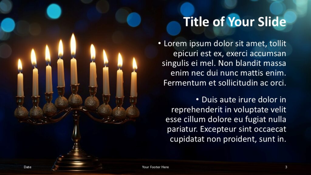 Hanukkah Candlelight Content Layout PowerPoint Alternative title and content slide layout from the Hanukkah Candlelight template for PowerPoint and Google Slides with balanced visual composition.