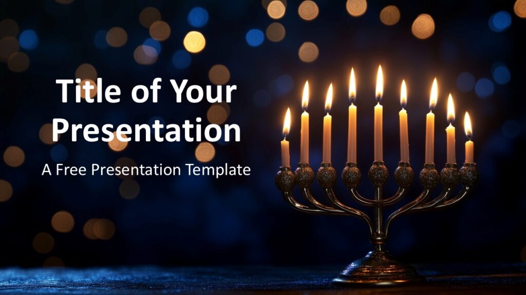 Hanukkah Candlelight Cover Slide PowerPoint Hanukkah Candlelight cover slide design for PowerPoint and Google Slides featuring warm candlelight visuals and clear presentation title layout.