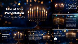 Overview of the Hanukkah Candlelight presentation template for PowerPoint and Google Slides with coordinated layouts and ceremonial visual style.