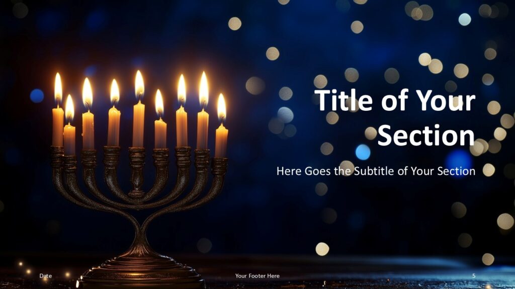 Hanukkah Candlelight Section Slide PowerPoint Alternate section divider slide from the Hanukkah Candlelight template for PowerPoint and Google Slides with minimal text and strong imagery.