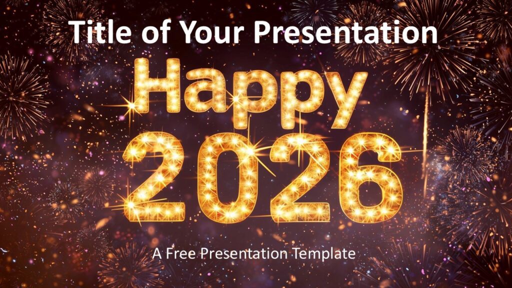 Happy 2026 Fireworks Cover Slide PowerPoint Cover slide from the Happy 2026 Fireworks template for PowerPoint and Google Slides with bold typography and fireworks.
