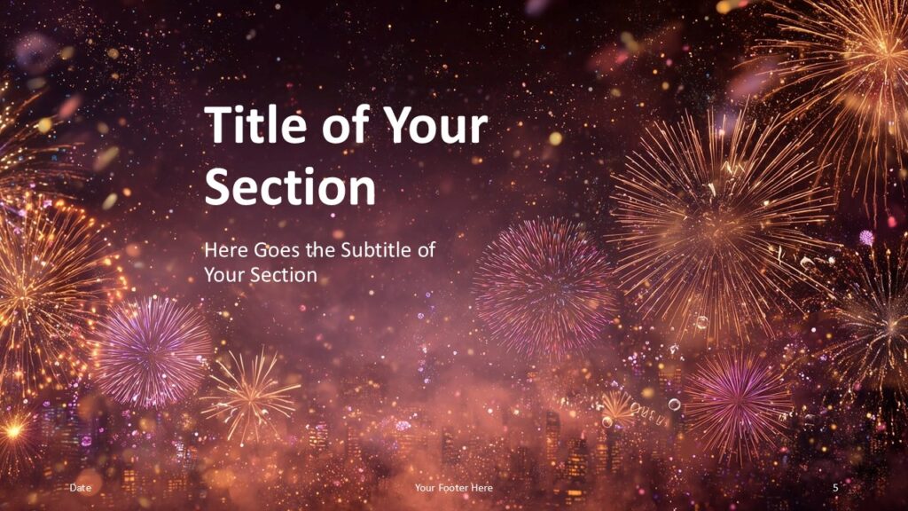 Happy 2026 Divider Layout PowerPoint Slide Second section divider design from the Happy 2026 Fireworks template for PowerPoint and Google Slides with elegant typography.
