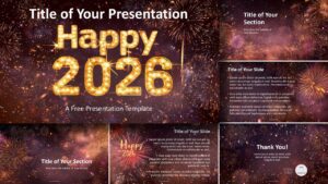 Overview of the Happy 2026 Fireworks template for PowerPoint and Google Slides showing cohesive layouts and celebratory design.