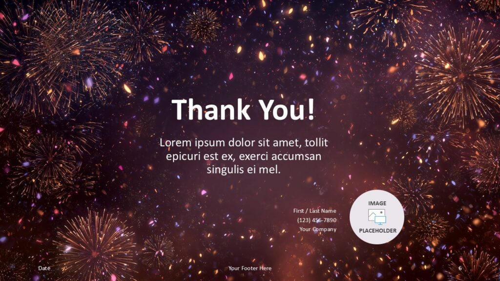 Happy 2026 Thank You PowerPoint Slide Thank you slide from the Happy 2026 Fireworks template for PowerPoint and Google Slides with contact placeholders.