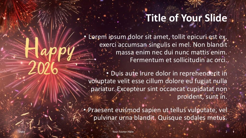 Happy 2026 Title and Content PowerPoint Slide Title and content slide option from the Happy 2026 Fireworks template for PowerPoint and Google Slides with clear text layout.