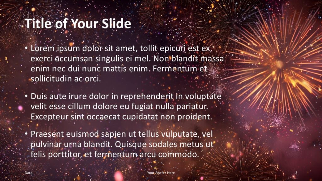 Happy 2026 Content Layout PowerPoint Slide Alternative title and content slide from the Happy 2026 Fireworks template for PowerPoint and Google Slides with balanced spacing.