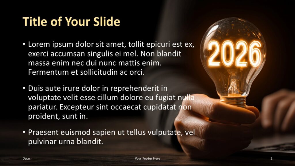 Innovate 2026 PowerPoint Title and Content Slide Title and content slide from the Innovate 2026 template for PowerPoint and Google Slides with clean text areas and balanced layout.