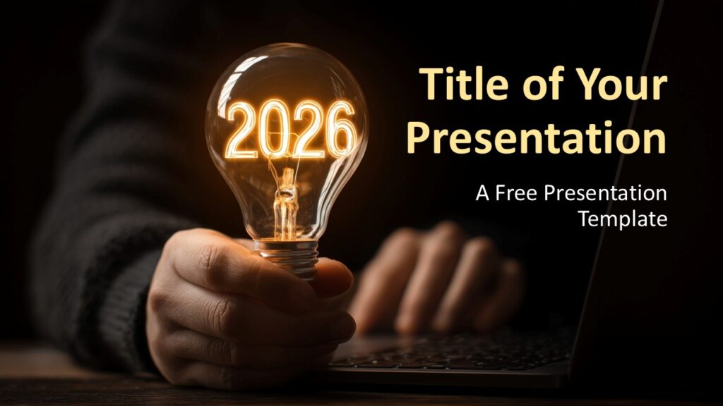Innovate 2026 PowerPoint Cover Slide Innovate 2026 cover slide design for PowerPoint and Google Slides with inspirational visuals, bold typography, and future-focused presentation style.