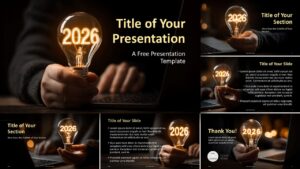 Overview of the Innovate 2026 template for PowerPoint and Google Slides featuring cohesive design, strong imagery, and editable slide layouts.