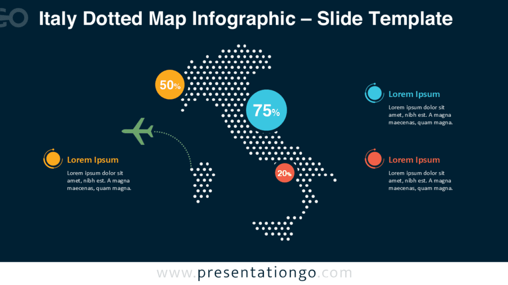 Italy Dotted Map Infographic PowerPoint Dark Background Italy dotted map infographic for PowerPoint with dark background, editable dots, connectors, and data markers for high-contrast slides