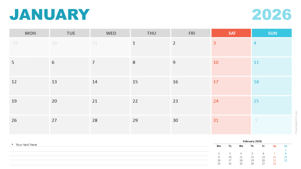 January 2026 Calendar Monday Start for PowerPoint January 2026 calendar with a Monday week start for PowerPoint and Google Slides showing a structured grid, clear weekday labels, and weekend color accents.
