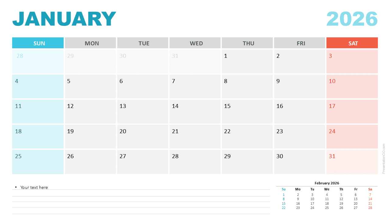 January 2026 calendar with a Sunday week start for PowerPoint and Google Slides featuring a clean grid layout, highlighted weekends, and a notes section.